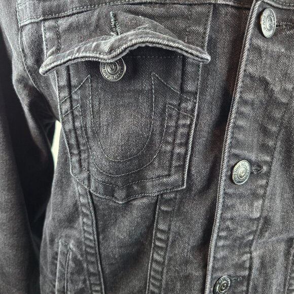 True Religion Jacket Mens Large Black Denim Trucker Casual Rocker Grunge Stretch - Picture 3 of 11